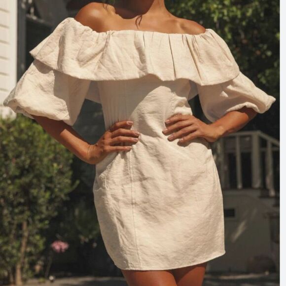 SKYLAR ROSE Boldly Beautiful Beige Puff Sleeve Off-the-Shoulder Mini Dress - Picture 2 of 4